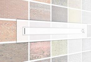 visualización de la barra de búsqueda en el fondo de un collage de muchas imágenes con fragmentos de paredes de ladrillo de diferentes colores en primer plano. conjunto de imágenes con variedades de ladrillo foto