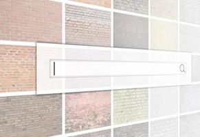 Visualization of the search bar on the background of a collage of many pictures with fragments of brick walls of different colors close-up. Set of images with varieties of brickwork photo