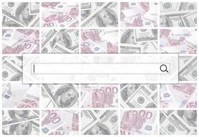 The search string is located on top of collage of many images of euro banknotes in denominations of 100 and 500 euros lying in the heap photo