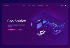 Gas station isometric landing page, cars refueling vector