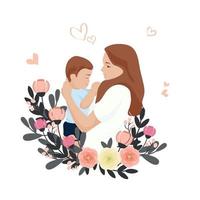 Vector illustration of a mother holding her son in her arms. Flowers around. Happy Mother s Day greeting card.