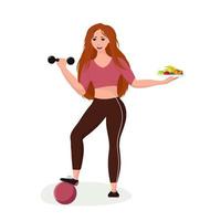 Girl doing sports and healthy food. vector