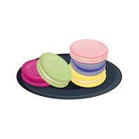 Vector illustration of delicious colorful macaroons. Delicious food on plates.