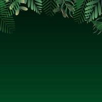 Green tropical leaves square frame on dark green gradient background. Vector invitation cards with herbal twigs branches frames. Summer party banner vector illustration. Tropical frame concept.