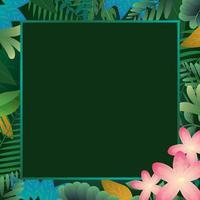 Tropical leaves and flowers square frame on dark green background. Vector invitation cards with herbal twigs branches and corners border frames. Summer party banner vector illustration floral frame.