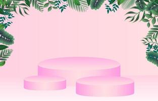 Green tropical leaves frame with pink podium display stand background. Vector round pedestal for displaying products with herbal twigs branches frames. Tropical summer party podium vector illustration