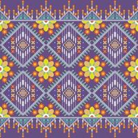 Ethnic floral pattern traditional embroidery style. Geometric orange flower on purple background. Design for clothing, fabric, wrapping, batik, carpet, wallpaper. Abstract Asian concept illustration. vector
