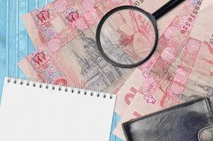 10 Ukrainian hryvnias bills and magnifying glass with black purse and notepad. Concept of counterfeit money. Search for differences in details on money bills to detect fake photo