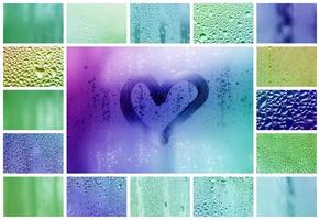 un collage de diferentes fragmentos de vidrio, decorado con gotas de lluvia del condensado y un corazón pintado en el centro