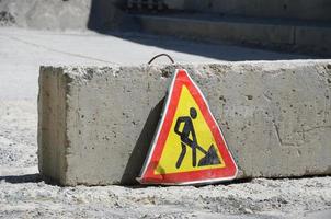 Road works sign for construction works in city street photo