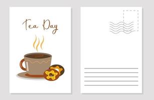 a mock-up of a greeting card with a tea day cup with hot fragrant tea and cookies vector