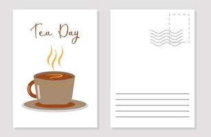 maqueta de una tarjeta de felicitación para la taza del día del té con té aromático caliente vector