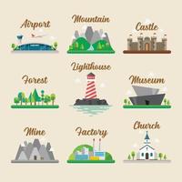 Buildings and landscape in flat style graphic design set vector