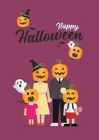 familia feliz halloween con cabeza de calabaza vector