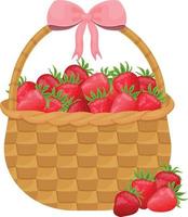 Basket with strawberries. Summer illustration of strawberries with a basket. Sweet strawberries. Ripe red berry. Vector illustration isolated on a white background