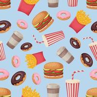 Fast food. Seamless pattern with the image of fast food products, such as burgers, donuts, coffee, a drink with a straw, fried potatoes. Fast food pattern. Vector. vector