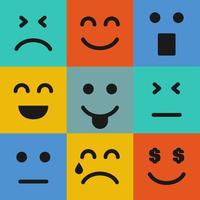 Set of nine colorful emoticons. Emoji icon in square. Flat background pattern. Vector illustration