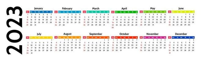 Horizontal calendar for 2023 isolated on a white background. Sunday to Monday, business template. Vector illustration