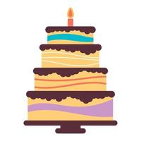 Sweet birthday cake with burning candle. Colorful holiday dessert. Vector celebration background.