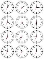 A set of mechanical clocks with an image of each of the twelve hours. Clock face on white background. vector