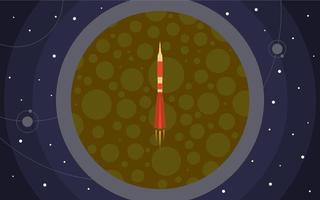 The rocket in space against the backdrop of the planet. Space travel. Vector illustration with flying rocket.