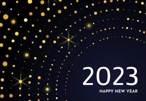 2023 Happy New Year of gold glitter pattern in circle form. Abstract gold glowing halftone dotted background for Christmas holiday greeting card on dark background. Vector illustration