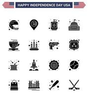 Pack of 16 creative USA Independence Day related Solid Glyphs of house place map liquid flask Editable USA Day Vector Design Elements