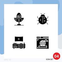 Mobile Interface Solid Glyph Set of 4 Pictograms of boiled spring egg insect projector Editable Vector Design Elements