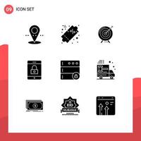 9 Thematic Vector Solid Glyphs and Editable Symbols of database lock aim encryption mission Editable Vector Design Elements