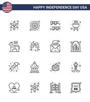 paquete de iconos de vector de stock de día americano 16 signos y símbolos de línea para guirnalda de burro político cocinar barbacoa elementos de diseño de vector de día de estados unidos editables