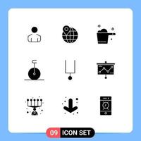 Set of 9 Vector Solid Glyphs on Grid for presentation tuning fork gauge music transport Editable Vector Design Elements