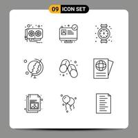 9 Universal Outlines Set for Web and Mobile Applications summer footwear mechanical flip flops education Editable Vector Design Elements