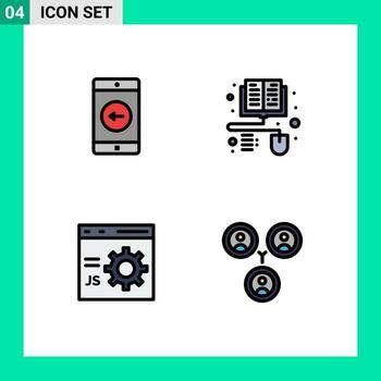 paquete de interfaz de usuario de 4 colores planos básicos de línea rellena de aplicación desarrollar elementos de diseño de vector editables de programación de libro electrónico izquierdo