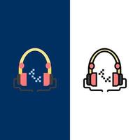 auriculares música audio manos libres iconos planos y llenos de línea conjunto de iconos vector fondo azul