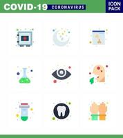 9 Flat Color Set of corona virus epidemic icons such as eyesight test rest time science flask viral coronavirus 2019nov disease Vector Design Elements