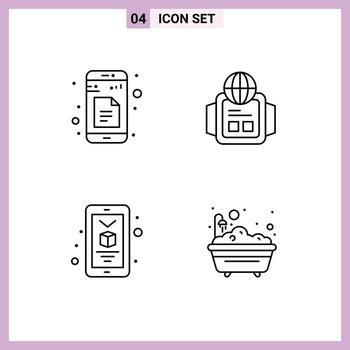 4 User Interface Line Pack of modern Signs and Symbols of data smartphone app world bathtub Editable Vector Design Elements