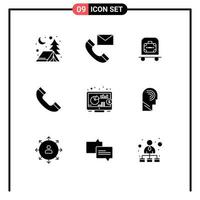 Pack of 9 Modern Solid Glyphs Signs and Symbols for Web Print Media such as seo investment hotel telephone call Editable Vector Design Elements