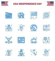 Blue Pack of 16 USA Independence Day Symbols of station building country sign police Editable USA Day Vector Design Elements