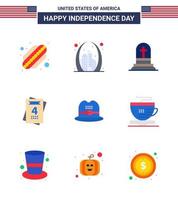 conjunto moderno de 9 pisos y símbolos en el día de la independencia de estados unidos, como la invitación de boda de la muerte del sombrero americano, elementos de diseño vectorial editables del día de estados unidos vector