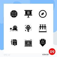 User Interface Pack of 9 Basic Solid Glyphs of funnel cog orientation rainbow landscape Editable Vector Design Elements