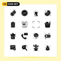 Solid Glyph Pack of 16 Universal Symbols of network clipboard game fast food hot dog Editable Vector Design Elements