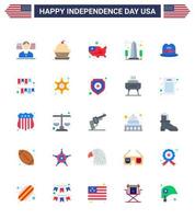 4th July USA Happy Independence Day Icon Symbols Group of 25 Modern Flats of hat usa map sight landmark Editable USA Day Vector Design Elements