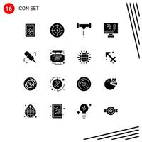 Set of 16 Vector Solid Glyphs on Grid for broom laboratory target computer stork Editable Vector Design Elements