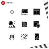 9 Universal Solid Glyph Signs Symbols of report magnifier arrow in add Editable Vector Design Elements