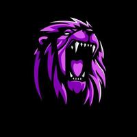 concepto de diseño de logotipo de mascota deportiva y león rugiente enojado para emblema de insignia de equipo e impresión de sed. vector de ilustración de león púrpura