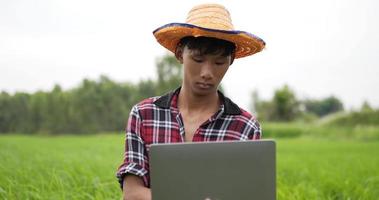 ralenti, portrait jeune adulte portant une chemise à carreaux et un chapeau, il se tient debout et enregistre des données sur un ordinateur portable et regarde les rizières et regarde ses rizières avec fierté video