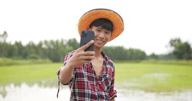 vista frontal, joven agricultor adulto con camisa a cuadros y sombrero haciendo un retrato selfie y una videollamada, sonríe y mira la cámara con la mano ondeando. campo de arroz en el fondo video