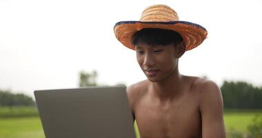 dichtbij omhoog, jong boer Mens zonder overhemd zitten Aan de grond, hij typen Aan laptop computer en kijken uit Bij de rijst- velden en kijken over- zijn rijst- velden met trots video