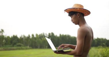 Young farmer man without shirt standing, He typing data on laptop computer and look out at the rice fields and look over his rice fields with proud video