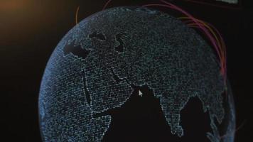 carte du monde avec différentes cibles de cyberattaque. concept de piratage et de technologie. prise de vue macro aux pixels du moniteur video
